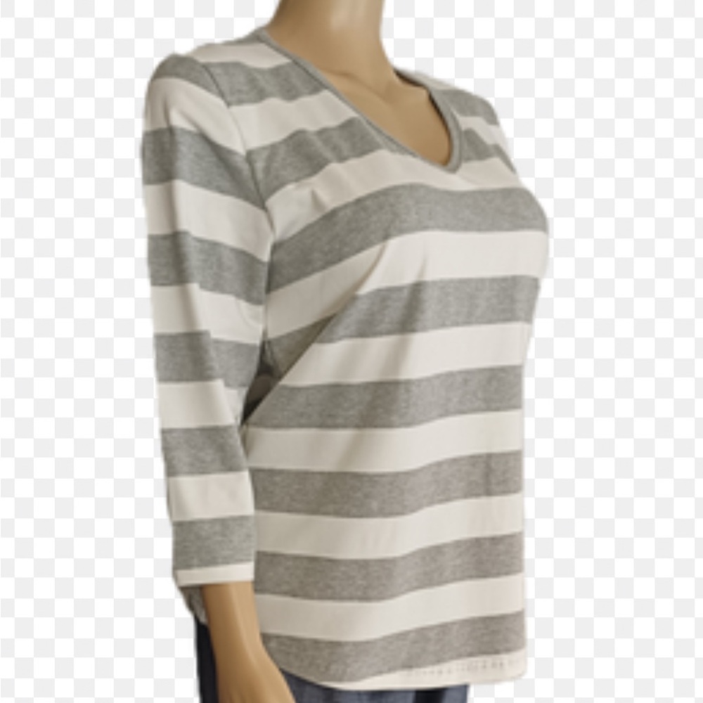 Light Gray & White Striped V-Neck Blouse with 3/4 Sleeves